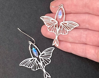 Sterling Silber Motten Ohrringe, Regenbogen Mondstein Edelstein Tropfen, Juni Birthstone