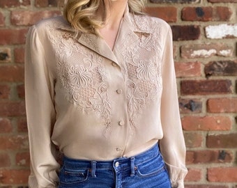 prairie blouse 1980s light taupe beige color silky light weight blouse with tie and buttons cowgirl western