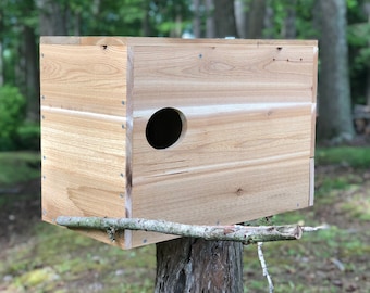 May include: A rectangular wooden birdhouse constructed from light brown cedar planks with visible wood grain. The structure features a circular entrance hole on the front panel and is secured with small metal screws along the edges and corners.