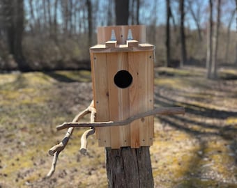 May include: A wooden birdhouse with a round entrance hole, mounted on a tree stump. The birdhouse has a flat roof with two metal brackets on top. The birdhouse is surrounded by branches.