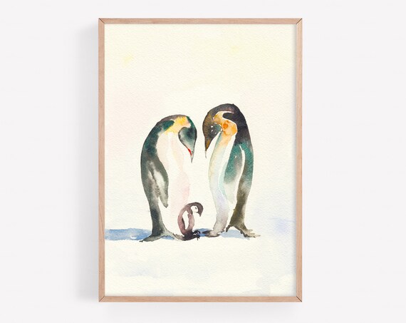 Penguin Watercolor Christmas Gift Newborn Wall Art Family Decor, Hand Painted Printable, Family Poster, Printable