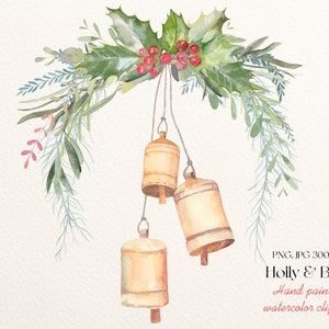 Christmas Bells Greenery Holly Rustic Garland Winter Clipart PNG Wreath Holiday Clip Art