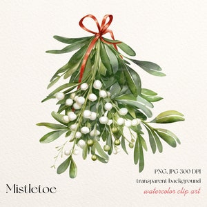 Könnte beinhalten: Aquarell-Illustration eines Mistelzweigs mit grünen Blättern, weißen Beeren und einem roten Band. Das Wort "Mistletoe" steht unten. Das Bild ist als Aquarell-Clip-Art gekennzeichnet.
