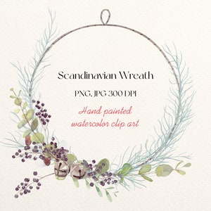 Scandinavian Delicate Christmas PNG Winter Wreath Greenery Clipart, Watercolor Floral, Blue berries, Festive Bells, Branches DIY Creation
