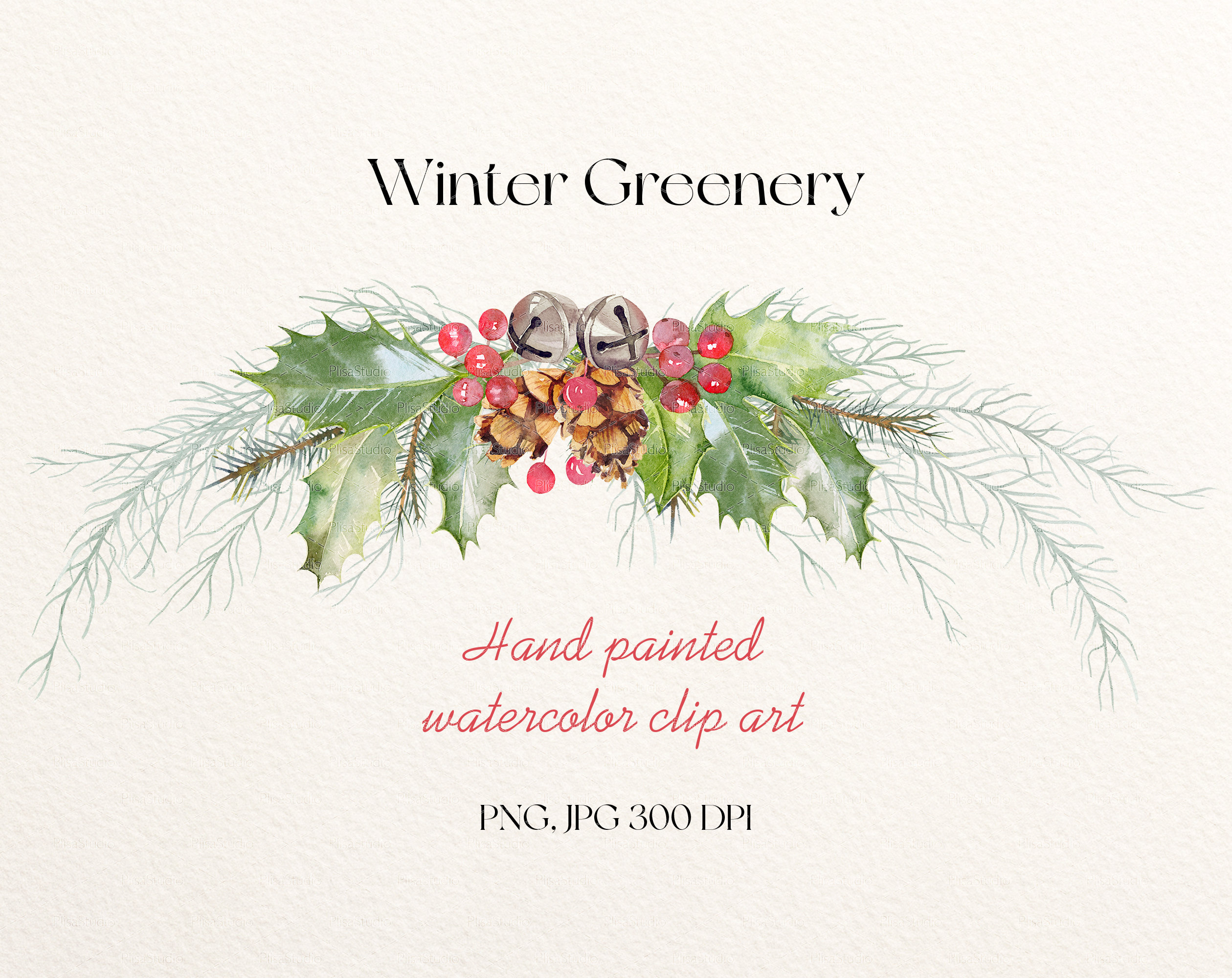 Christmas Watercolor Garland Greenery Wreath Bells Clip Art PNG Holly