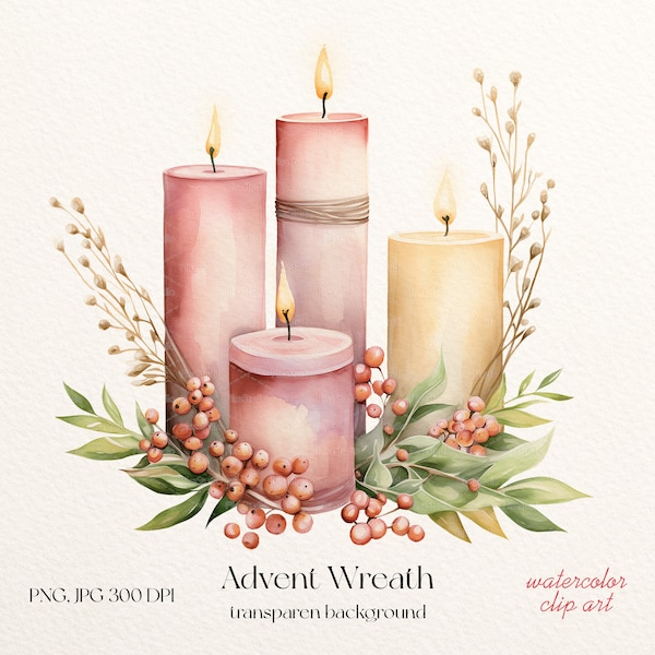 Advent Wreath Clipart Watercolor PNG Christmas Candles Vintage