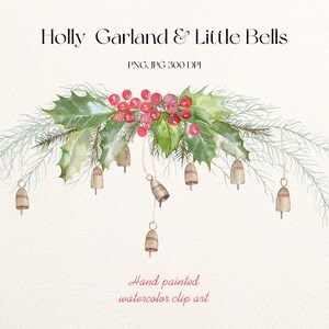 Christmas Garland Clipart Bells PNG Holly Watercolor Holiday Ornament Classic Festive Clip Art
