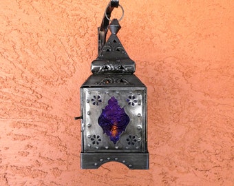 Stained Glass & Metal Purple Temple Lantern - Temple Lantern, Stained Glass Lantern, Metal Lantern, Hanging Lantern, Candle Holder, Lantern
