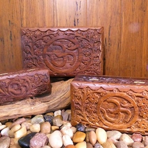 Handmade Om Floral Triple Nesting Box Set - Om Boxes, Nesting Boxes, Handmade Boxes, Carved Boxes, Decorative Boxes, Box Set, Wood Boxes