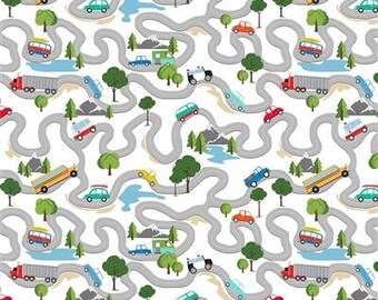 Beep Beep! - Winding Road - Michael Zindell - Clothworks - 2 Color Options - Multiples Cut Continuously - 100% Cotton