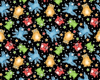 Monster'ocity Tossed Monsters & Stars Glow - Shelly Comiskey - Henry Glass - Multiple Quantities Cut Continuously - 100% Cotton