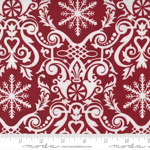 May include: White snowflake and damask pattern on a red background fabric. The fabric has a subtle texture and is perfect for holiday crafts and quilting.