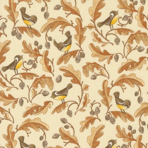 May include: A seamless pattern featuring brown and yellow birds perched on brown oak leaves with acorns. The background is a light cream color.