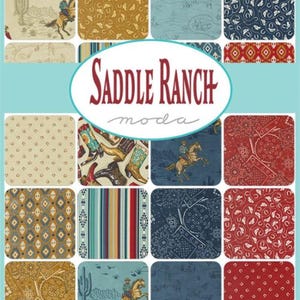 May include: A collection of 16 fabric squares featuring a western theme. The squares feature various patterns, including horses, cacti, and cowboy boots. The fabric squares are arranged in a grid pattern and are labelled "Saddle Ranch moda".