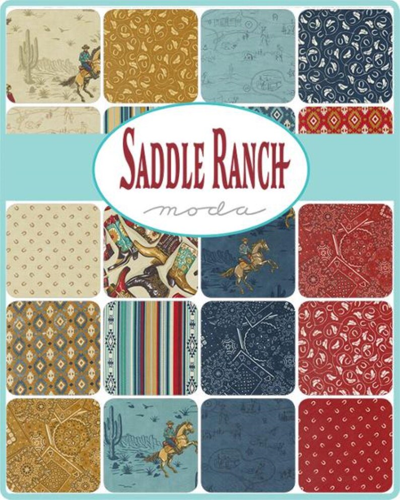 May include: A collection of 16 fabric squares featuring a western theme. The squares feature various patterns, including horses, cacti, and cowboy boots. The fabric squares are arranged in a grid pattern and are labelled "Saddle Ranch moda".
