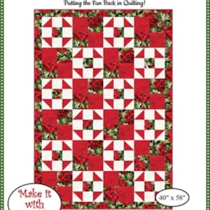 May include: A quilting pattern for a "Merry & Bright" quilt. The pattern features a red and white design with a floral print. The quilt is 40 inches by 58 inches and requires 3 yards of fabric.