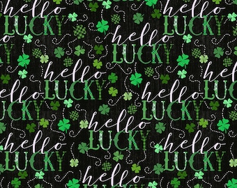 Hello Lucky - Word Print - Black/Green - Henry Glass - 1/4 yard