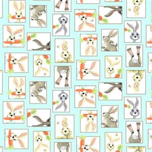 May include: A repeating pattern of bunnies on a light blue background. Each bunny is in a square frame and is holding a carrot. Some bunnies are looking at the camera, while others are looking away.