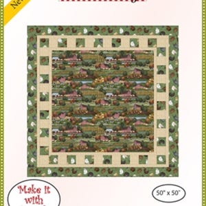 May include: A quilting pattern featuring a green, brown, and white fabric with a farm scene. The pattern is called "Big Picture" and requires 3 yards of fabric to make a 50 inch by 50 inch quilt.