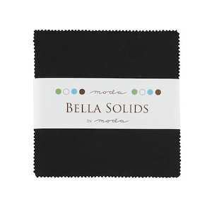 May include: A black fabric square with a white label that reads "moda Bella Solids by moda".