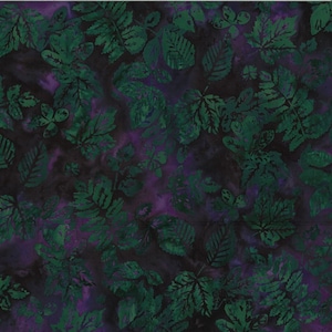 May include: A dark purple and green fabric with a leaf pattern. The leaves are in various shades of green and are scattered randomly across the fabric.