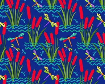 Pond Life -  Cattails With Dragonflies - Elsie Ess - Blank Quilting - Cut From Bolt - Multiple Quantities Cut Continuously - 100% Cotton