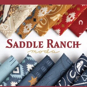 May include: A collection of fabric squares featuring a variety of western-themed patterns, including horseshoes, paisley, and geometric designs. The fabric squares are arranged in a fan shape and the text "SADDLE RANCH moda" is displayed below the fabric.