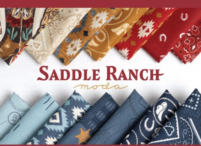 May include: A collection of fabric squares featuring a variety of western-themed patterns, including horseshoes, paisley, and geometric designs. The fabric squares are arranged in a fan shape and the text "SADDLE RANCH moda" is displayed below the fabric.