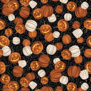 May include: A black background with a repeating pattern of orange and white pumpkins. The pumpkins have carved faces and are arranged in a random pattern.