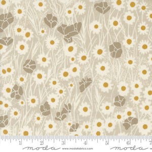 May include: A beige fabric with a white and yellow floral pattern. The fabric features a repeating pattern of small white daisies with yellow centers and larger gray flowers with white centers. The fabric is perfect for quilting, sewing, and crafting.