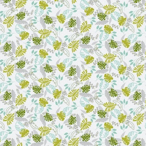 May include: A seamless pattern featuring a variety of green and blue leaves on a white background. The leaves are stylized and have a geometric design.