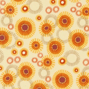 May include: A seamless pattern featuring a repeating design of orange, red, and brown circles with a white background. The circles have a sunburst design with radiating lines.