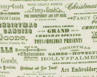 Christmas Faire Words Cream Green - Moda - Cathe Holden - Sold by 1/4 yard - Cut from bolt - Multiple quantities will be cut in one piece