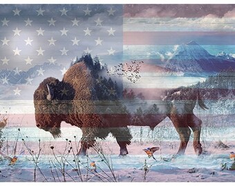 American Wild - Buffalo - Fabric Panel - Hoffman Spectrum Print - 30"X44" - Sold By The Panel - 100% Cotton