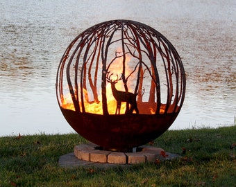 Fireball Pit Sphere for Outdoor Backyard, Garden, Patio. Handcrafted Fire Pit with 900mm=35.4" diameter, 6mm=0.24" thick. Tree style base.