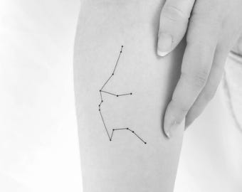 May include: A simple black line drawing of the Aquarius constellation on a person's arm.