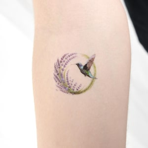 Tatuaggio temporaneo colibrì lavanda acquerello (set di 3)