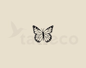 May include: Black and white silhouette of a butterfly with a wingspan of 0.9 inches or 2.4 cm.