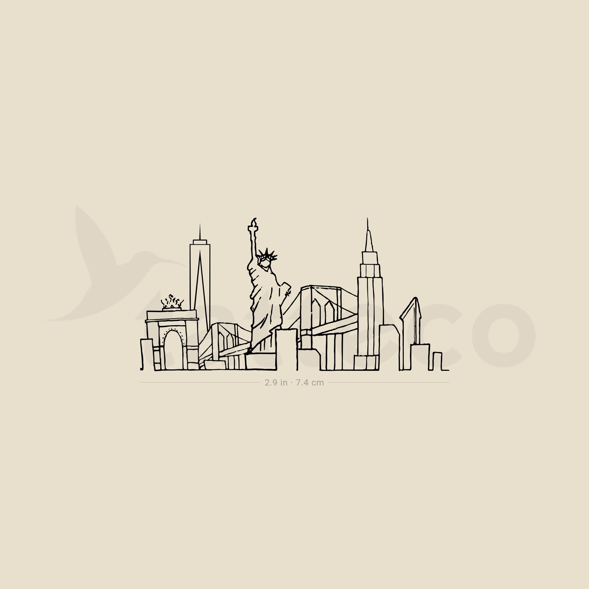 Single needle NY Skyline tattoo on the inner forearm