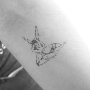May include: A black and white line drawing tattoo of a couple embracing, with one person having wings.