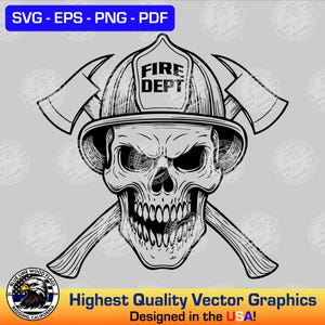 May include: A black and white graphic illustration of a human skull wearing a firefighter helmet with the text FIRE DEPT on the front. Two crossed axes are positioned behind the skull. The image includes the text SVG - EPS - PNG - PDF.
