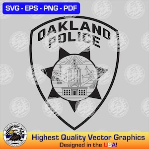 May include: Black and white vector graphic of the Oakland Police Department logo. The logo features a shield with a star and the words "Oakland Police" in a bold font.