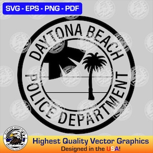 May include: A circular black and white graphic design featuring the text DAYTONA BEACH POLICE DEPARTMENT arranged around the border. The center contains a silhouette of a palm tree and a sunburst design set against a horizon line.