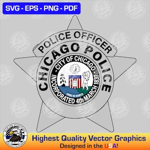 Op de afbeelding: Een zwart-witafbeelding van een stervormig insigne van de Chicago Police. Het insigne bevat de tekst Police Officer, Chicago Police, City of Chicago en Incorporated 4th March 1837, met een centraal zegel met een schip en een persoon.