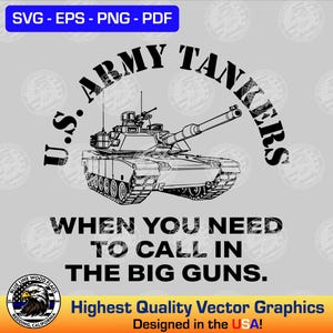 Puede incluir: Gráfico en blanco y negro de un tanque del ejército de los EE. UU. con el texto "U.S. ARMY TANKERS" encima. Debajo del tanque, el texto dice "WHEN YOU NEED TO CALL IN THE BIG GUNS." La imagen también incluye "Highest Quality Vector Graphics" y "Designed in the USA!"