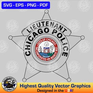May include: A five-pointed star-shaped Chicago Police Lieutenant badge graphic with black outlines. The center features the circular City of Chicago seal with a ship, a baby, and a Native American figure, surrounded by the text City of Chicago Incorporated 4th March 1837.