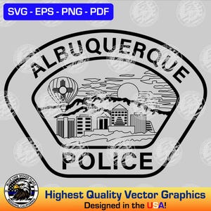 May include: A black and white vector graphic of the Albuquerque Police badge featuring the city skyline, a hot air balloon, and a sun. The text reads ALBUQUERQUE at the top and POLICE at the bottom. The design is presented in SVG, EPS, PNG, and PDF formats.