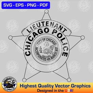 Op de afbeelding: Een zwart-witte lijntekening van een stervormige badge voor een luitenant van de Chicago Police. Het midden bevat het zegel van de stad Chicago met de tekst "CITY OF CHICAGO INCORPORATED 4th MARCH 1837" en "URBS IN HORTO" rondom het embleem.