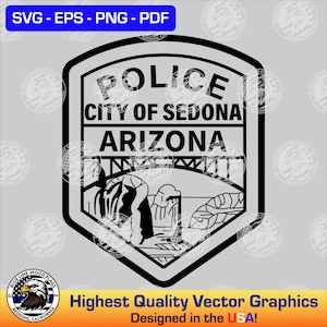 May include: Black and white vector graphic design of a police badge for the City of Sedona, Arizona. The badge features a stylized image of a bridge and a mountain range.