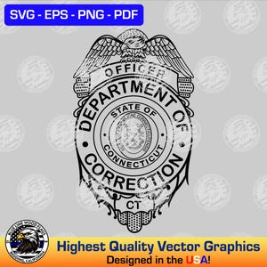Puede incluir: Un diseño gráfico en blanco y negro de la insignia de oficial del Departamento Correccional de Connecticut. El emblema presenta un águila en la parte superior, el texto 'OFFICER DEPARTMENT OF CORRECTION' y el sello estatal con el texto 'STATE OF CONNECTICUT'.